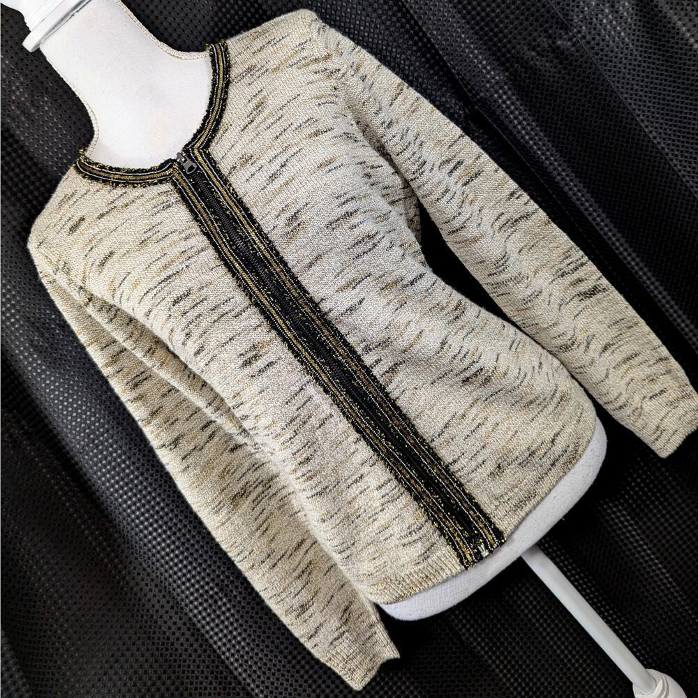 CHARTER CLUB PETITE! WOOL BLEND OATMEAL, BLACK,GOLD,GRAY ZIP MARL SWEATER! SZ PM